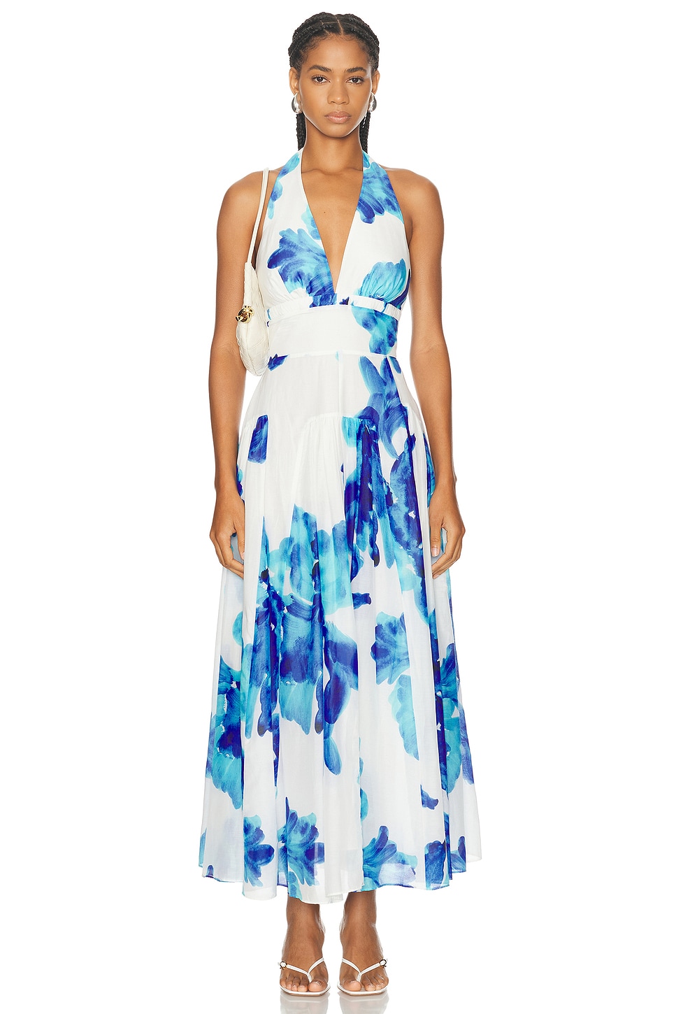 Image 1 of NICHOLAS Giulia Deep V Halter Midi Dress in Thalia Floral Print Ivory