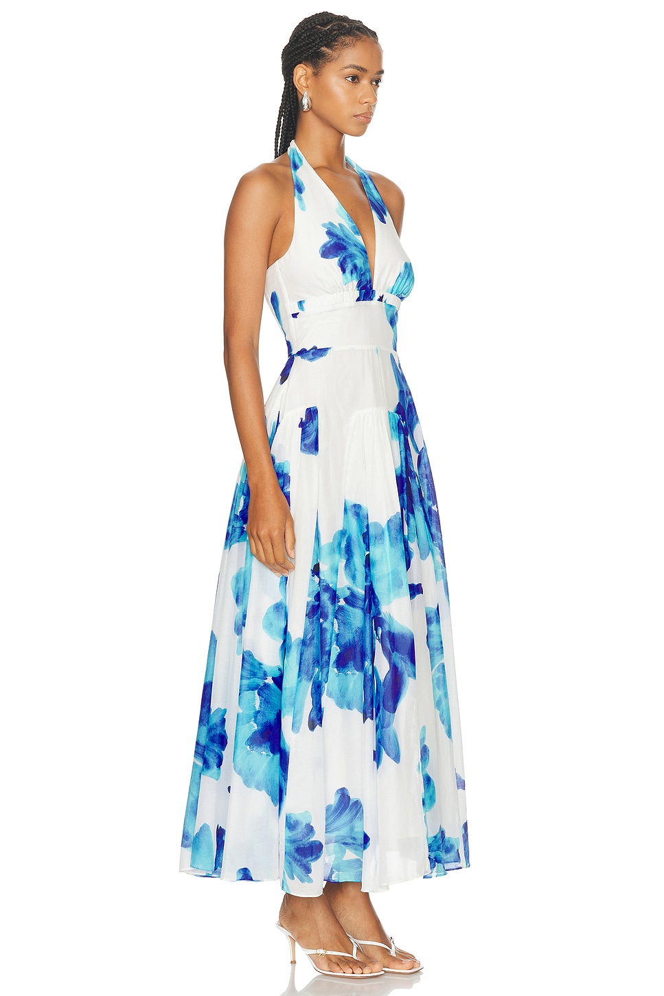 Shop Nicholas Giulia Deep V Halter Midi Dress In Thalia Floral Print Ivory