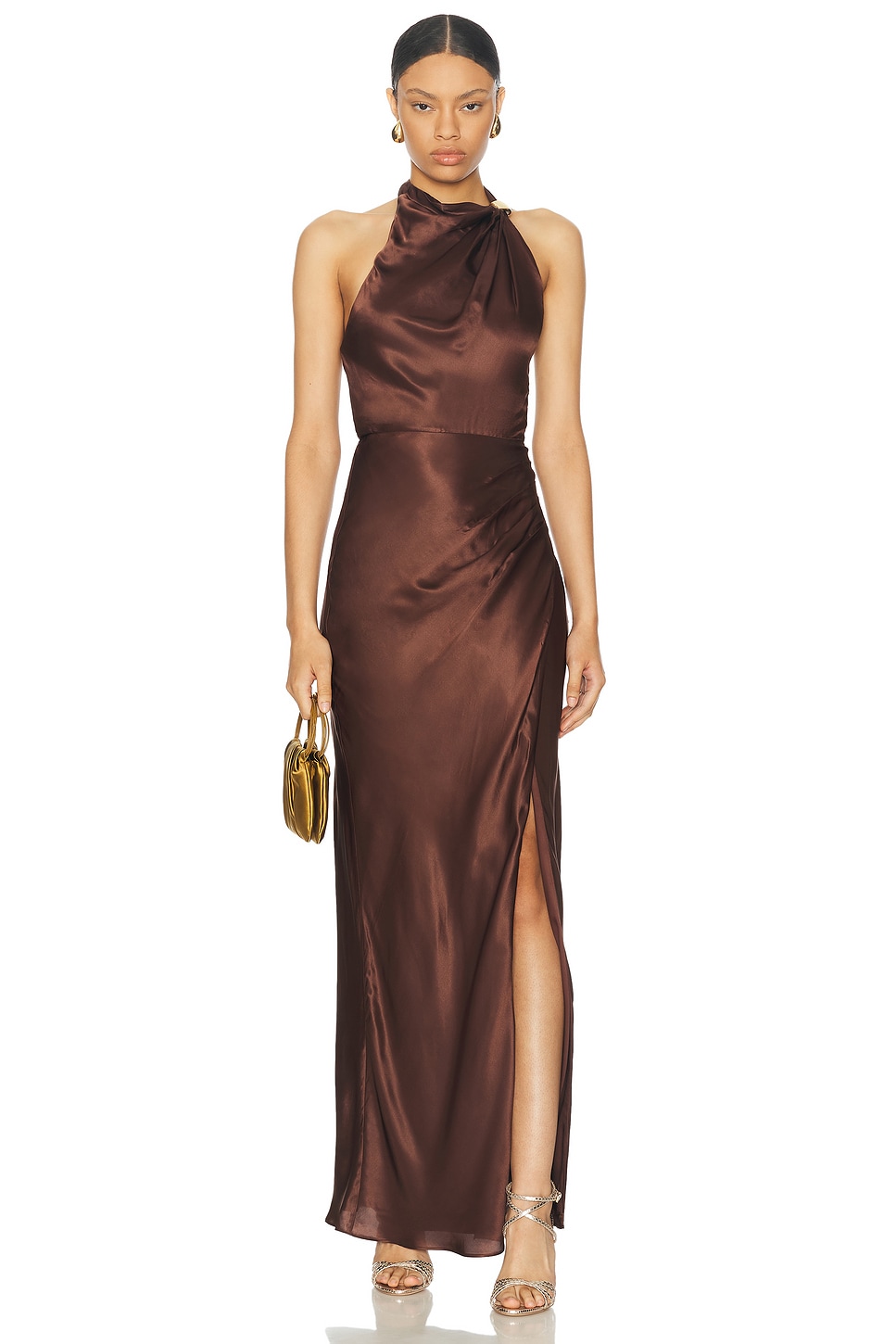 Image 1 of NICHOLAS Galilea High Neck Gold Trim Maxi Dress in Espresso