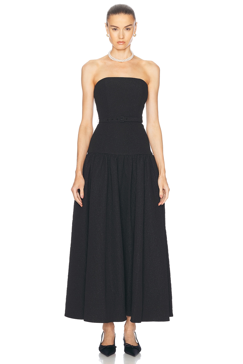 Arete Strapless Drop Waist Midi Dress With Self Belt in Black