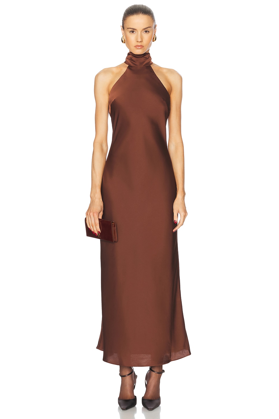 Trina Sleeveless Midi Dress With Foldover Neck in Brown