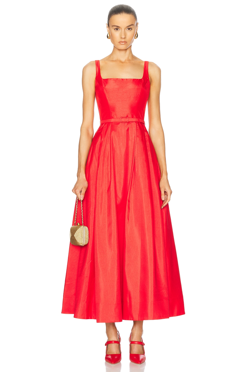 Sorelle Sleeveless Hourglass Midi Dress With Belt in Red