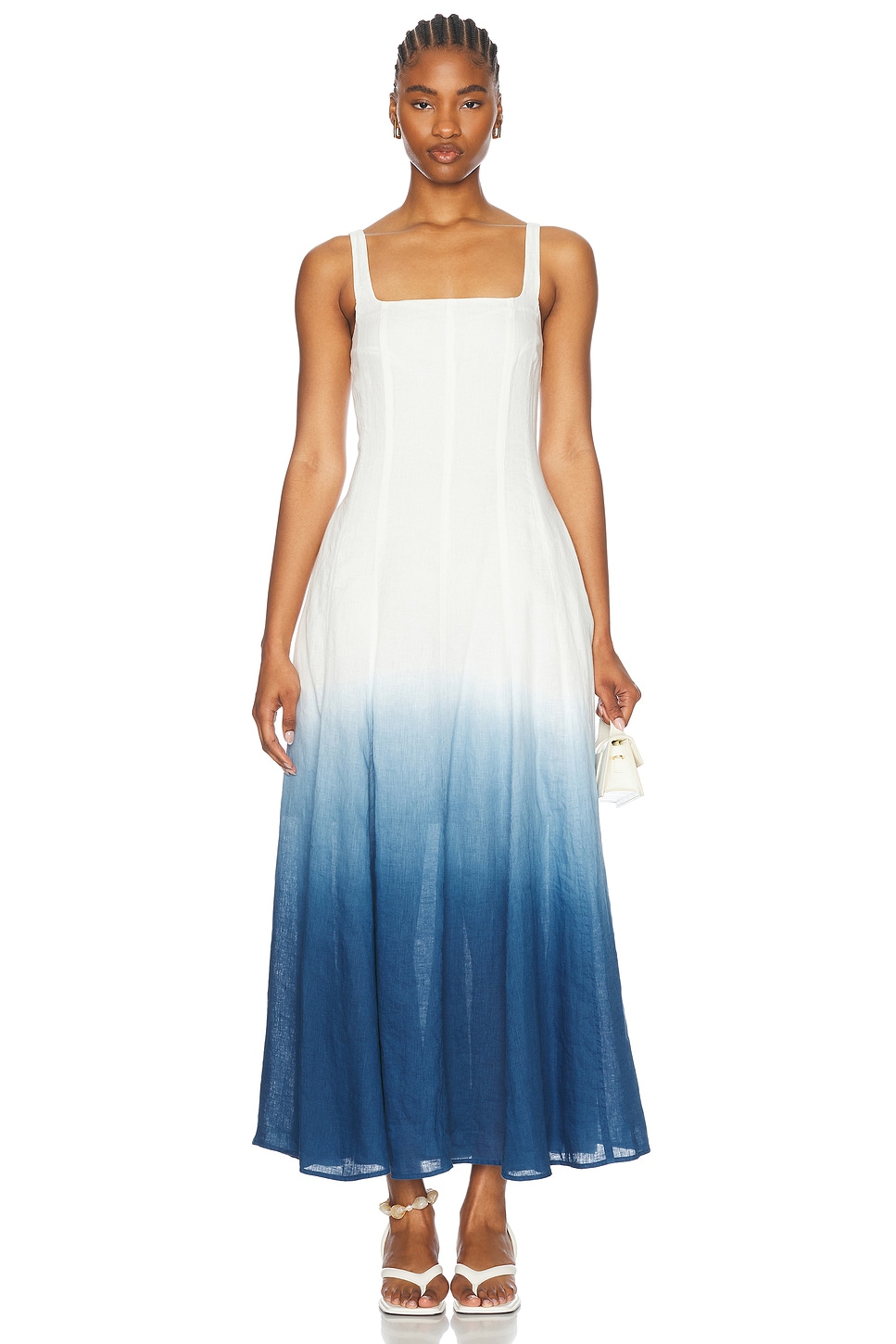 Athena Sleeveless Panelled Midi Dress With Godets in White,Blue