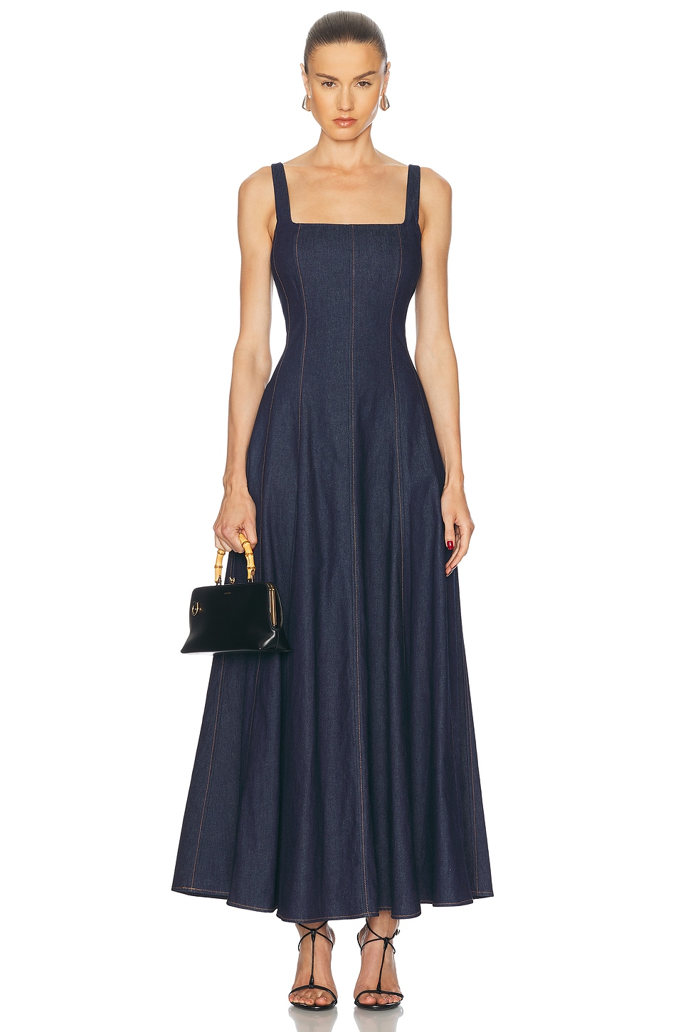 Athena Sleeveless Paneled Midi Dress in Blue