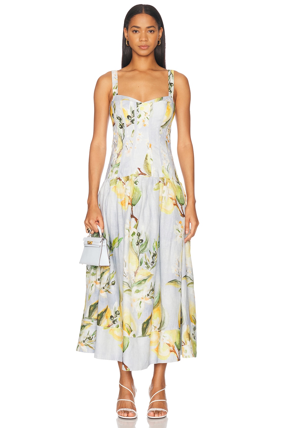 Image 1 of NICHOLAS Makenna Drop Waist Corset Midi Dress in Anisa Sky Lemon