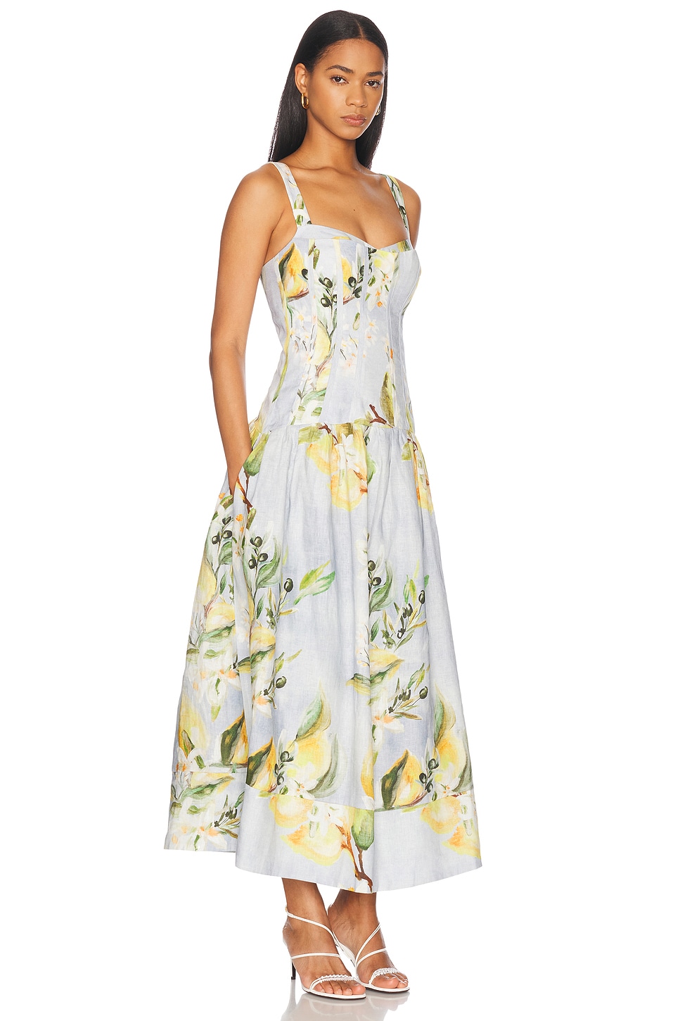 Nicholas Makenna Drop Waist Corset Midi Dress In Anisa Sky Lemon