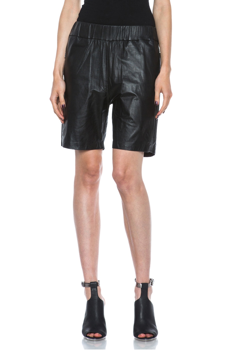 Image 1 of NICHOLAS Drop Crotch Zip Leather Shorts in Black