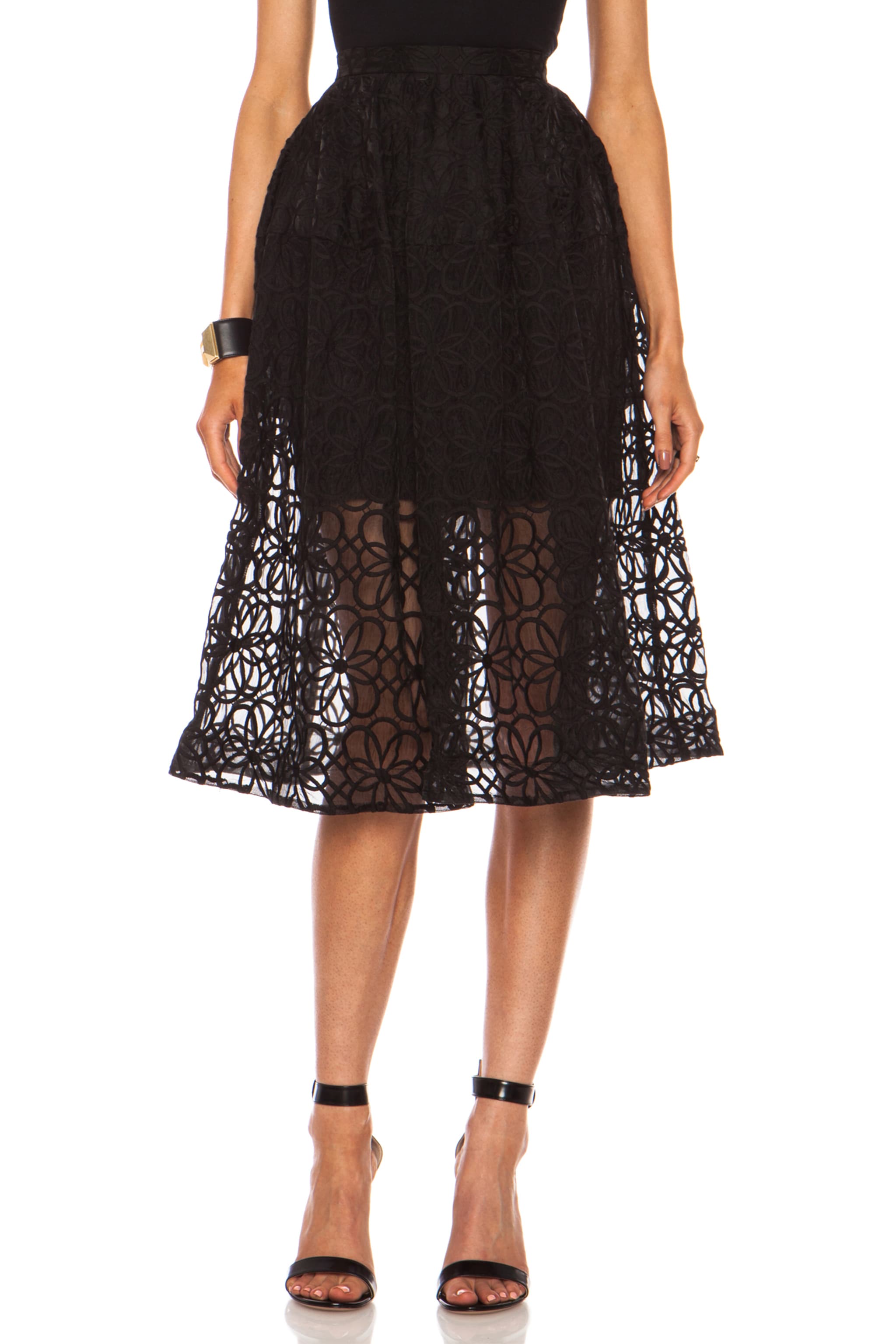 Image 1 of NICHOLAS Nylon Organza Lace Mid Length Ball Skirt in Black