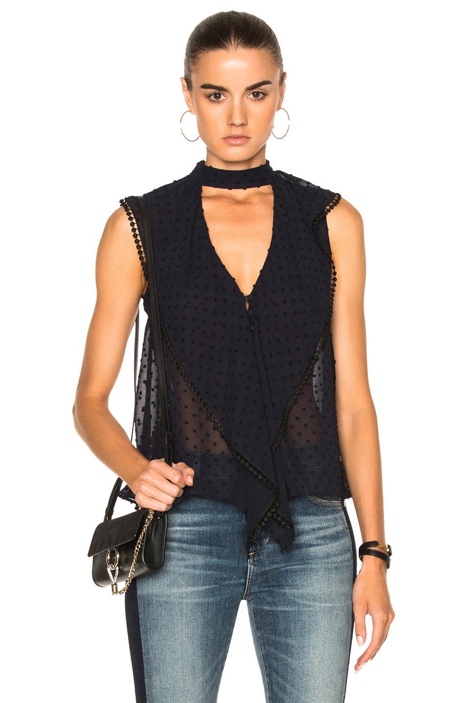 Image 1 of NICHOLAS Georgette Spot Frill Neck Top in Navy