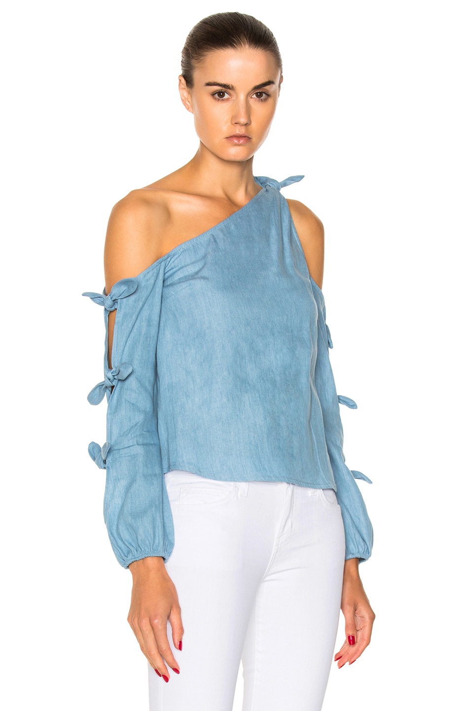 Image 1 of NICHOLAS Chambray Knot One Shoulder Top in Light Blue
