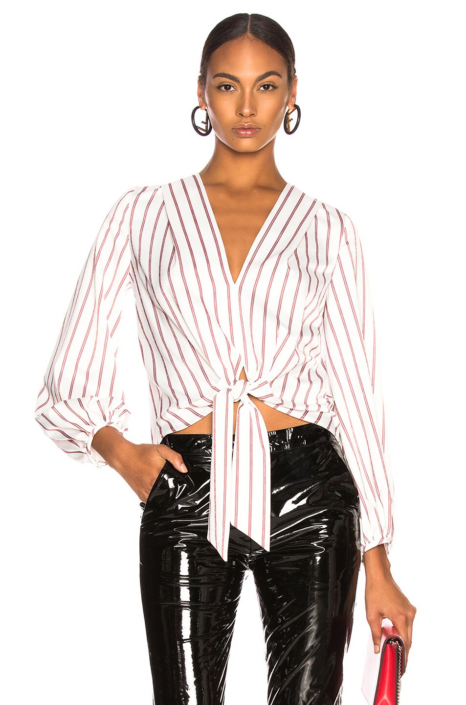 Image 1 of NICHOLAS Stripe Tie Front Blouse in White & Red