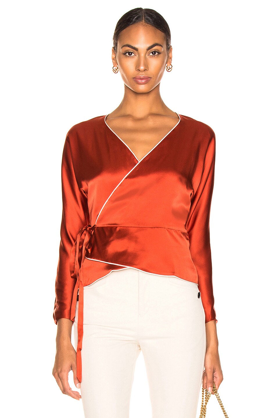 Image 1 of NICHOLAS Silk Charmeuse Piping Wrap Top in Rust