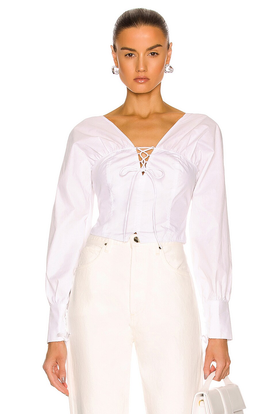 NICHOLAS Tatum Long Sleeve Corset Top in White | FWRD