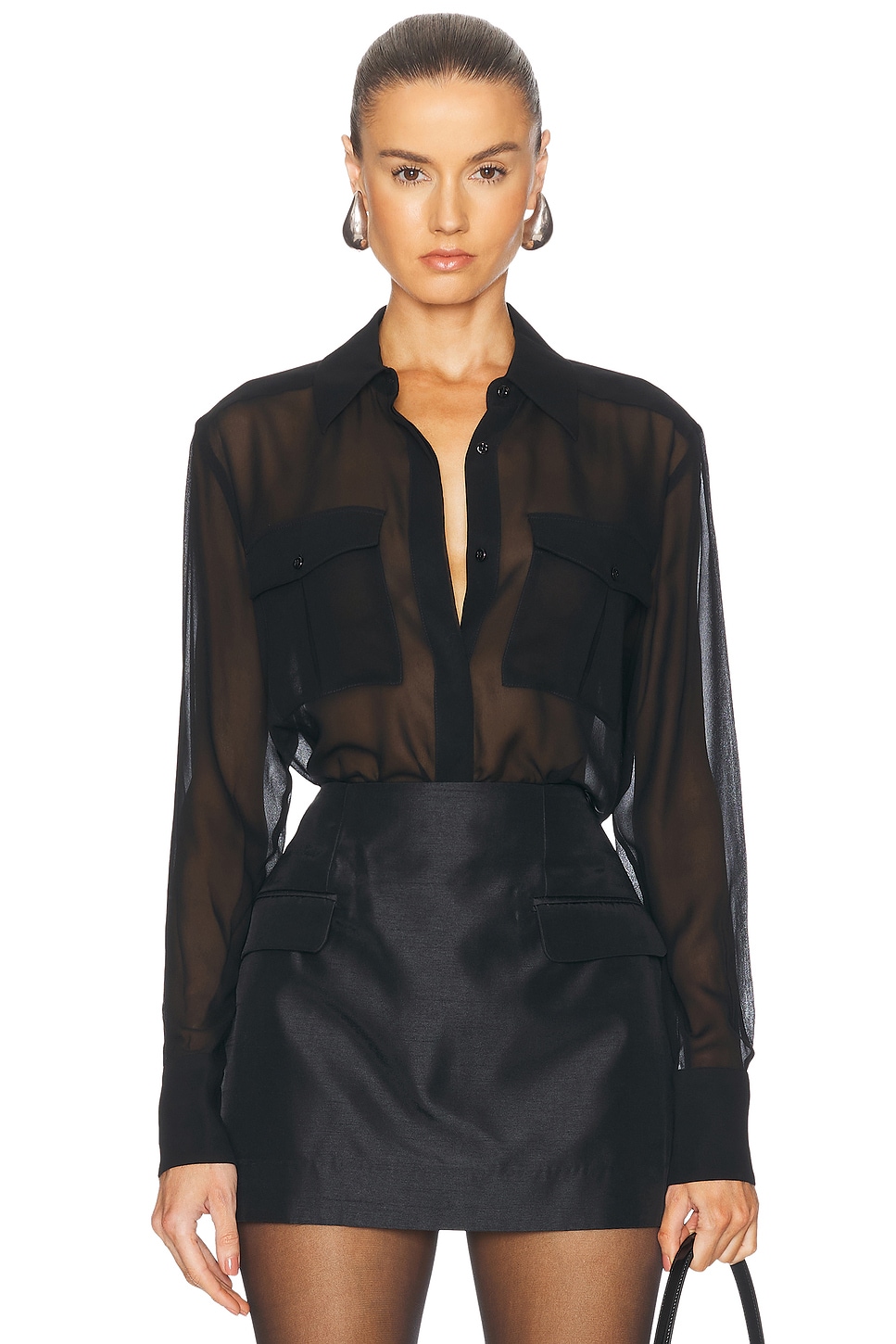 Image 1 of NICHOLAS Chloe Sheer Double Pocket Long Sleeve Shirt in Black