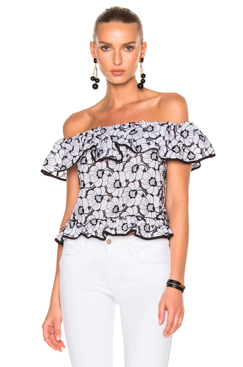 Image 1 of NICHOLAS Camelia Embroidery Off Shoulder Top in Black & White