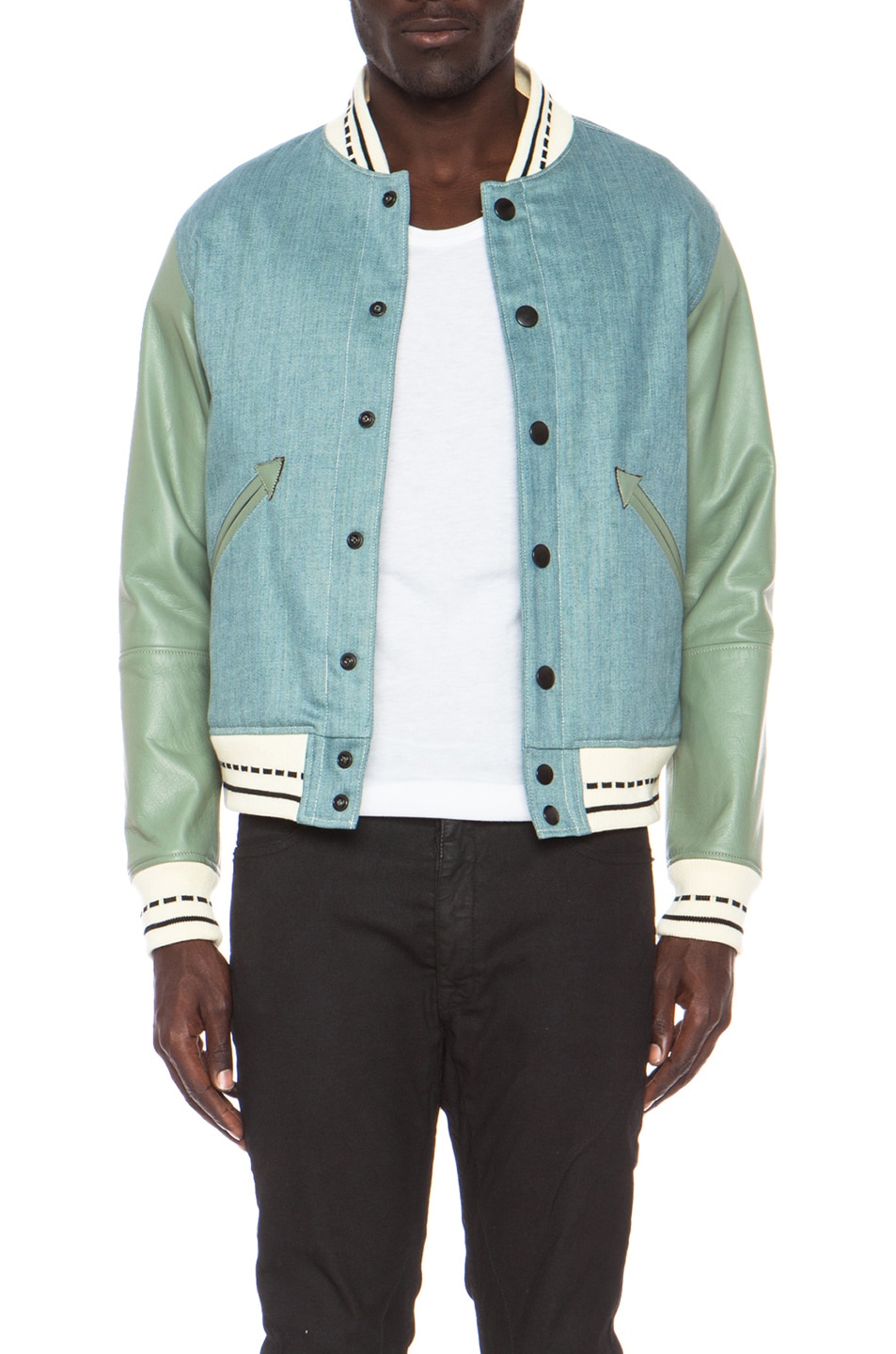 Image 1 of N.HOOLYWOOD Denim Bomber with Leather Sleeves in Blue