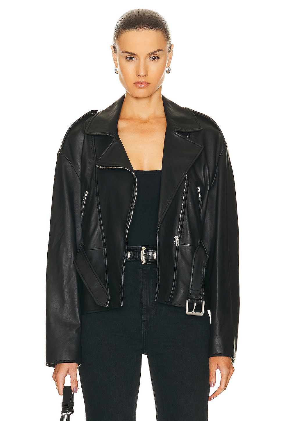 Image 1 of NILI LOTAN Aurelie Waisted Leather Jacket in Black