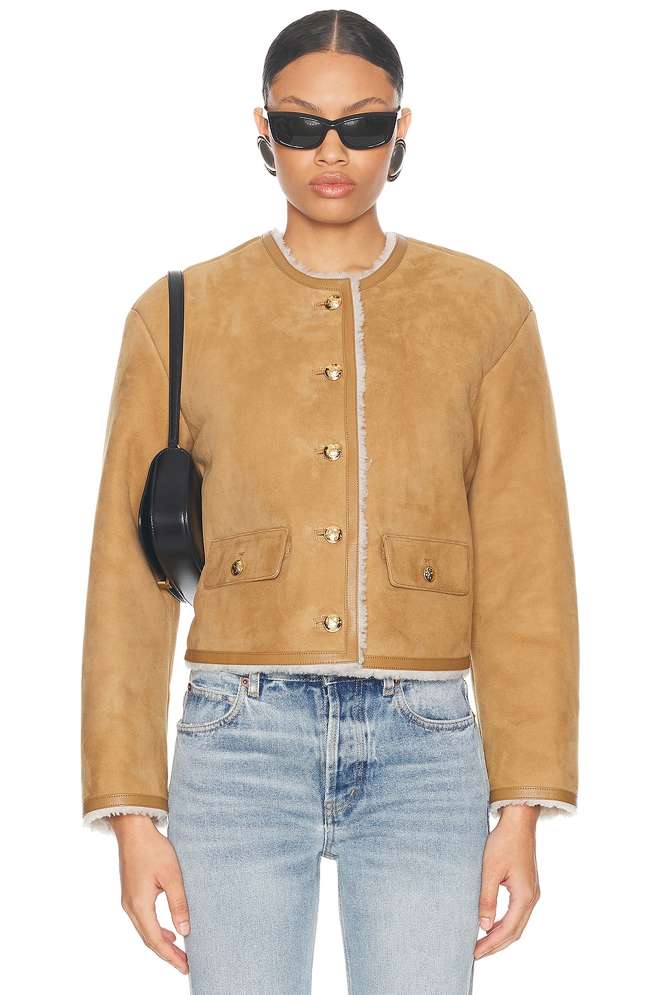 Image 1 of NILI LOTAN Zanie Short Shearling Coat in Tan & Natural