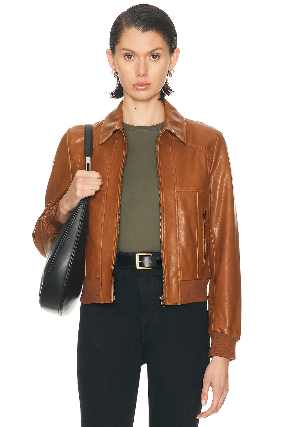 Image 1 of NILI LOTAN Sue Leather Bomber Jacket in Cognac