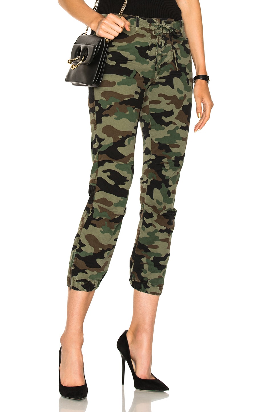 Image 1 of NILI LOTAN for FWRD Lace Front Cropped French Military Pants in Light Green Camouflage Print