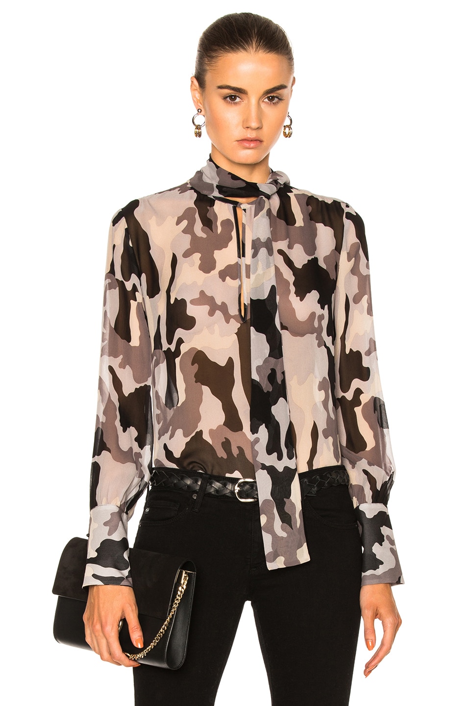 Image 1 of NILI LOTAN Tie Neck Top in Camouflage Print