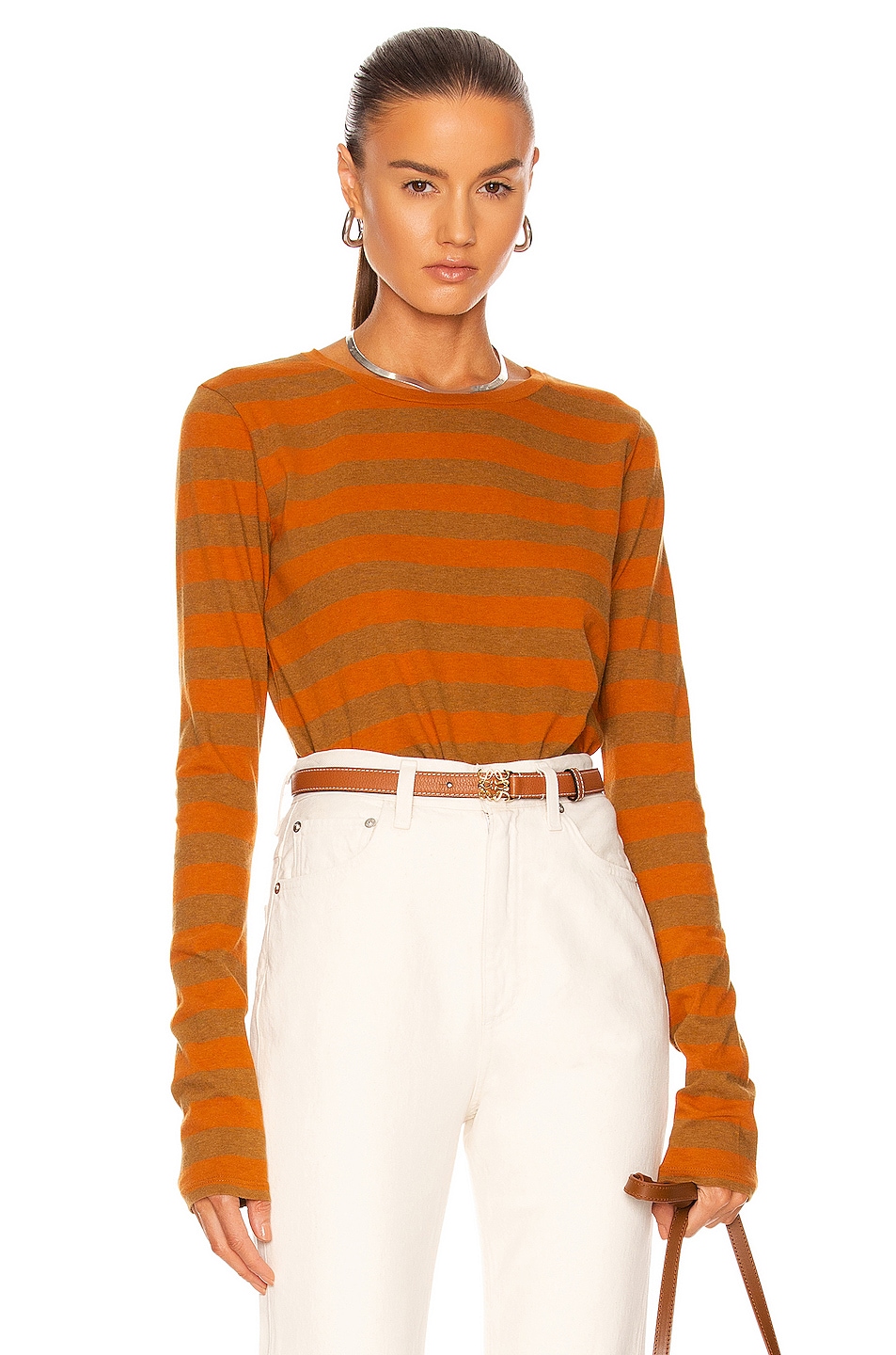 NILI LOTAN Long Sleeve Shirt in Khaki & Orange Stripe | FWRD