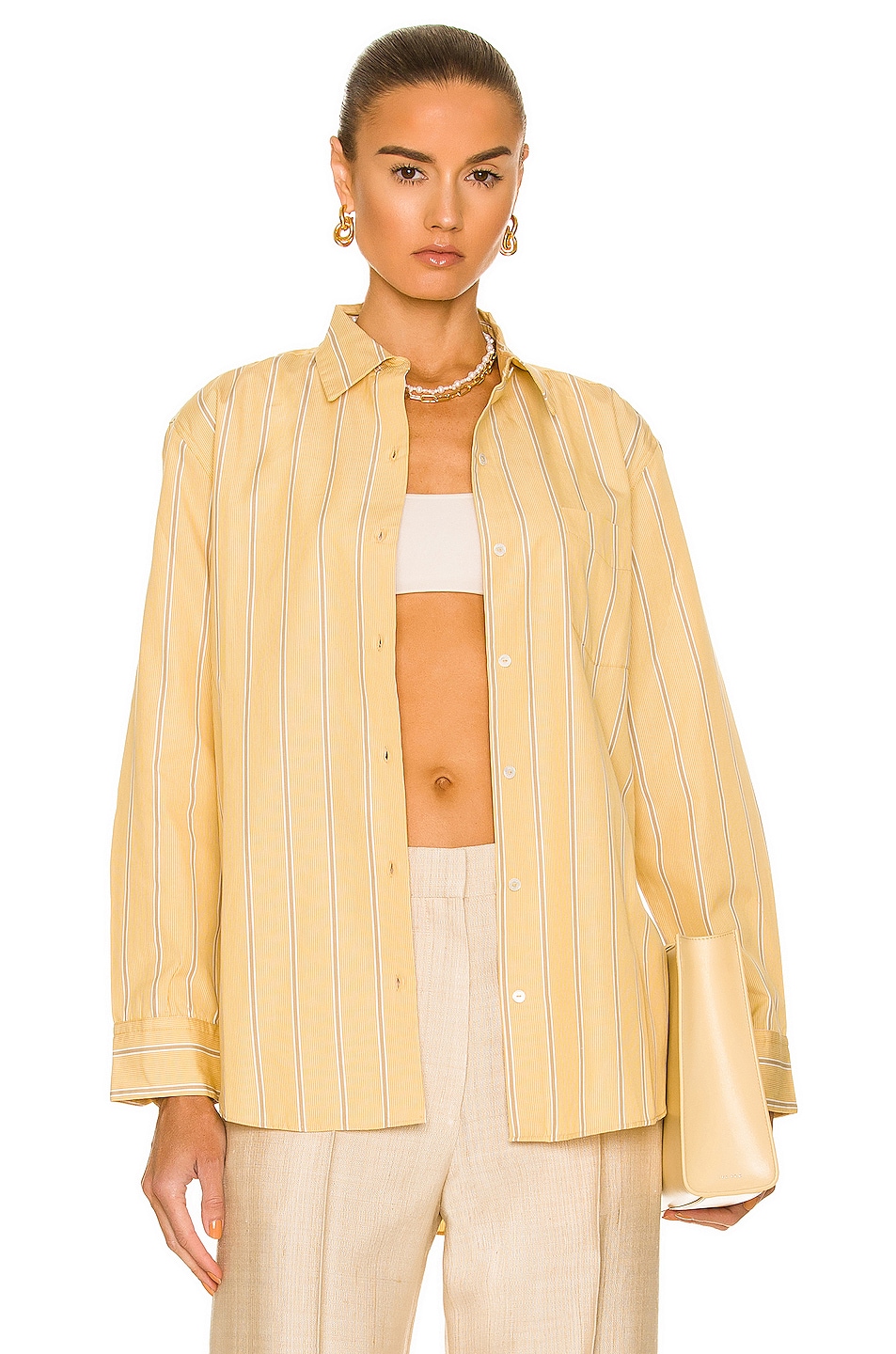 Image 1 of NILI LOTAN Kristen Shirt in Khaki, White, & Yellow Stripe