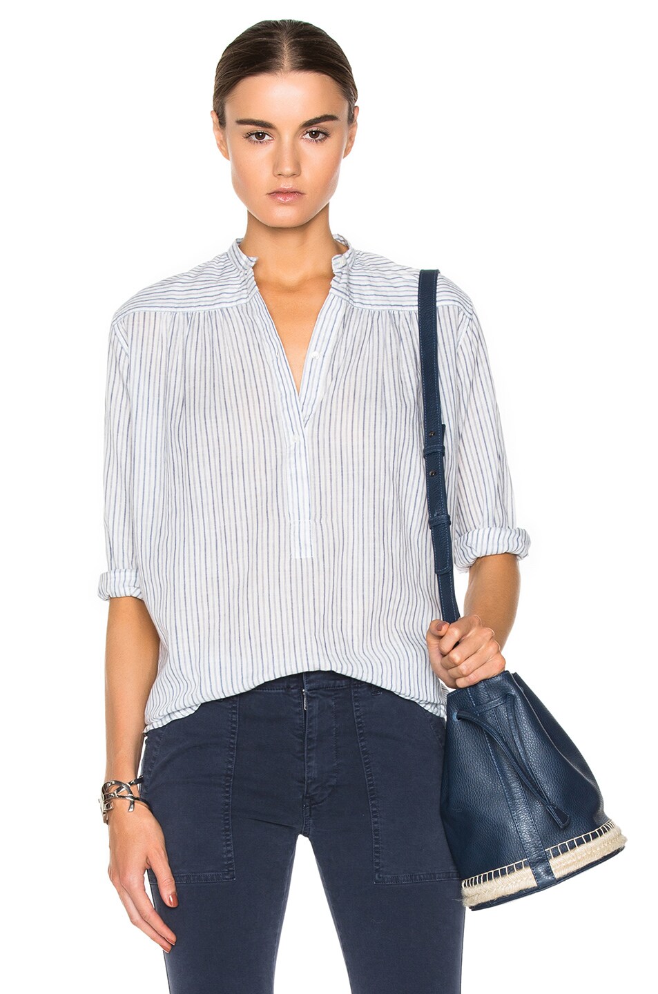 Image 1 of NILI LOTAN Ruched Selvage Lawn Top in Blue Stripe
