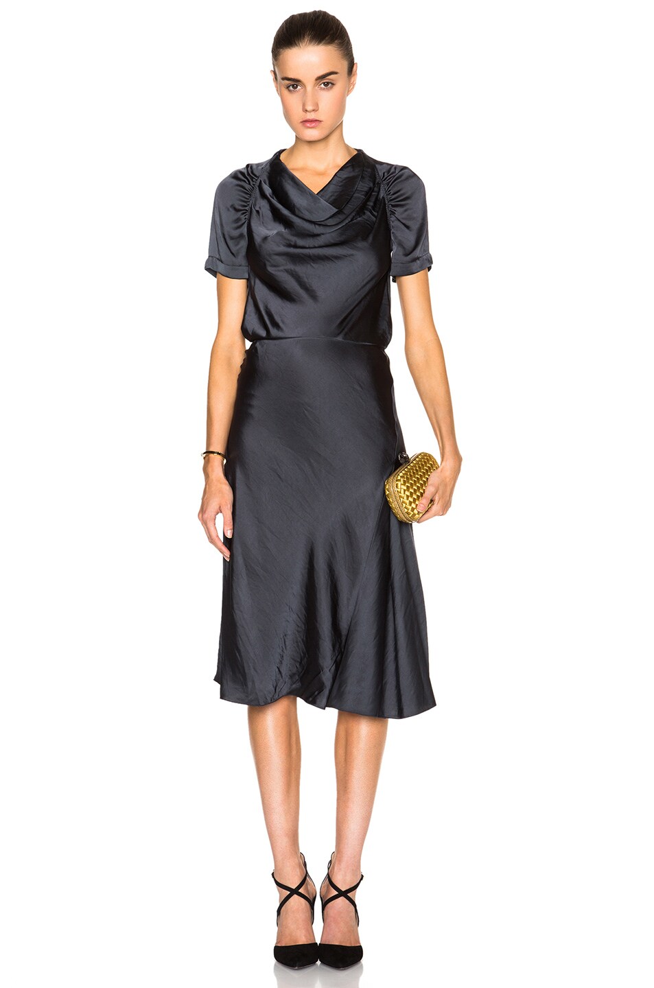 Image 1 of Nina Ricci Satin Drape Collar Dress in Black