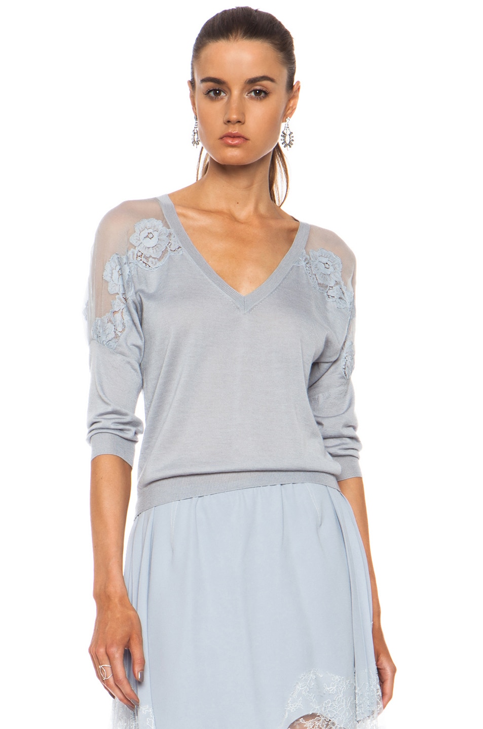 Image 1 of Nina Ricci Embroidered Cashmere-Blend V-Neck Sweater in Grey