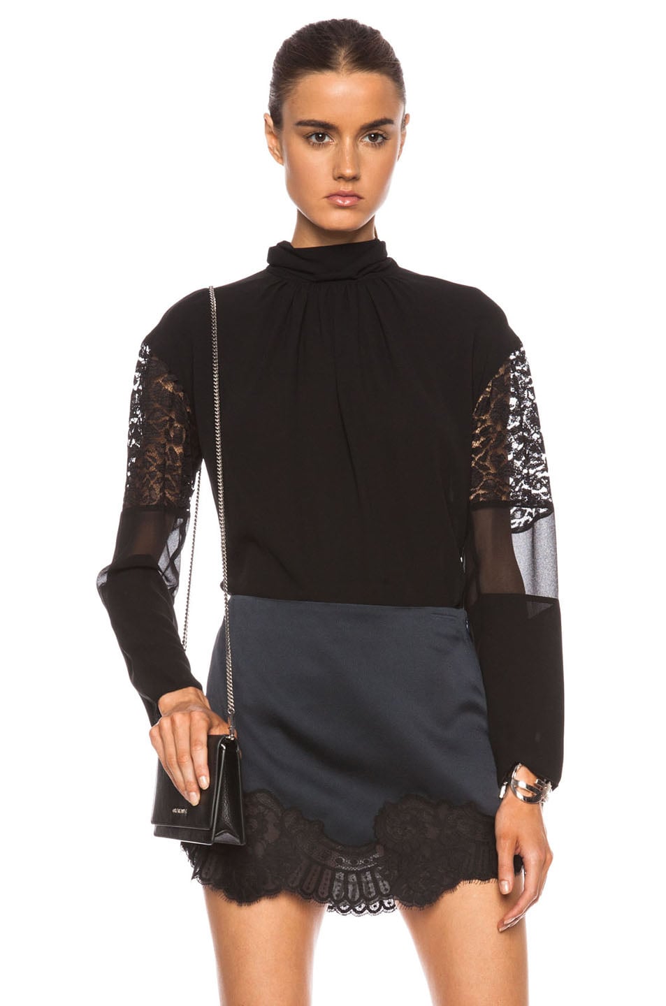 Image 1 of Nina Ricci Lace Detail Silk Blouse in Black