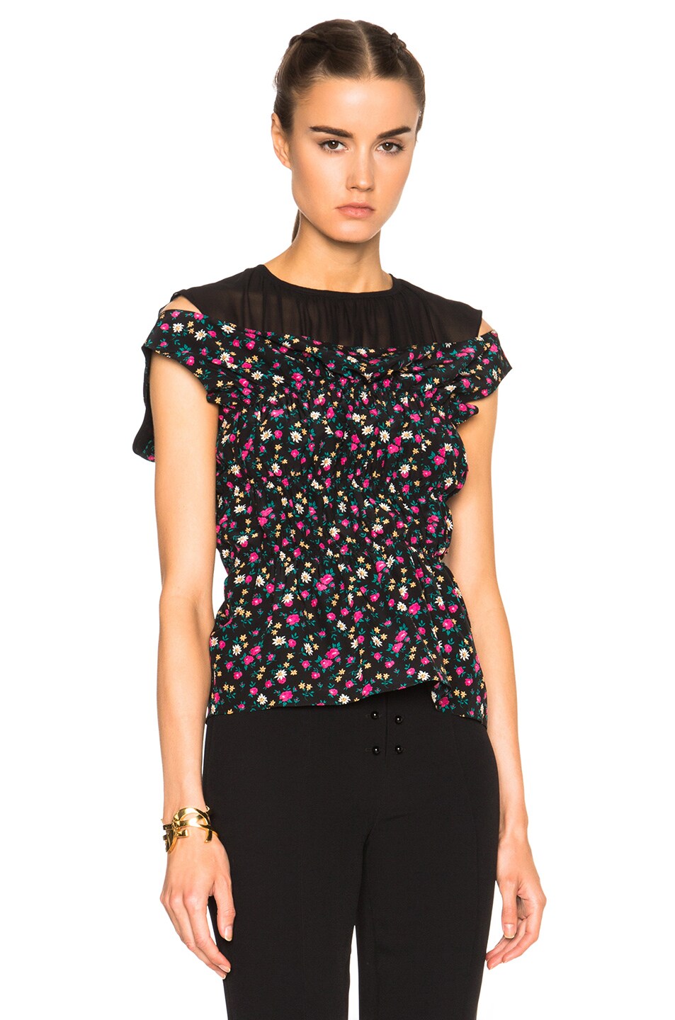 Image 1 of Nina Ricci Flower Print Blouse with Georgette Details in Black