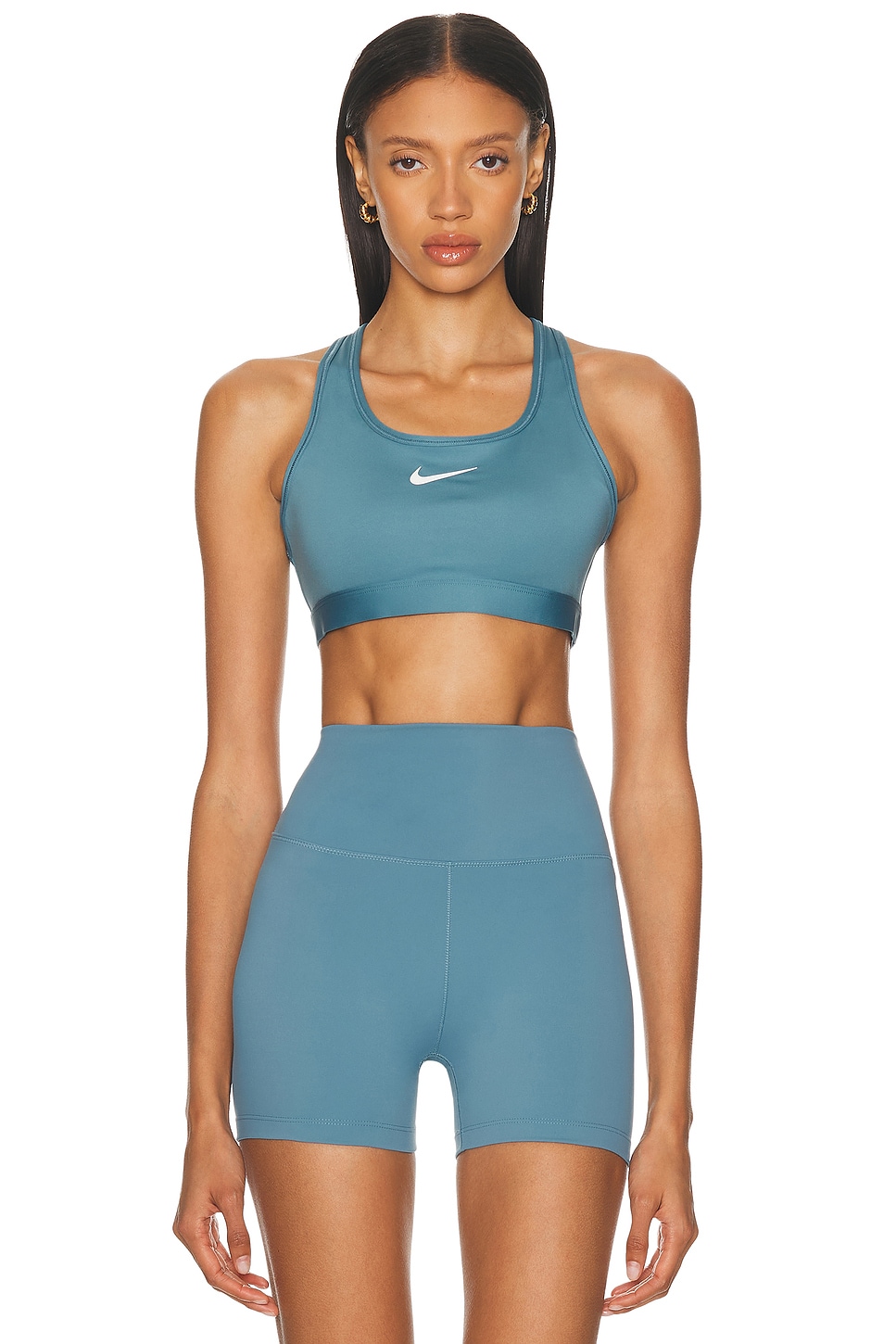 Image 1 of Nike Swoosh Medium Support Padded Sports Bra in Smokey Blue & White