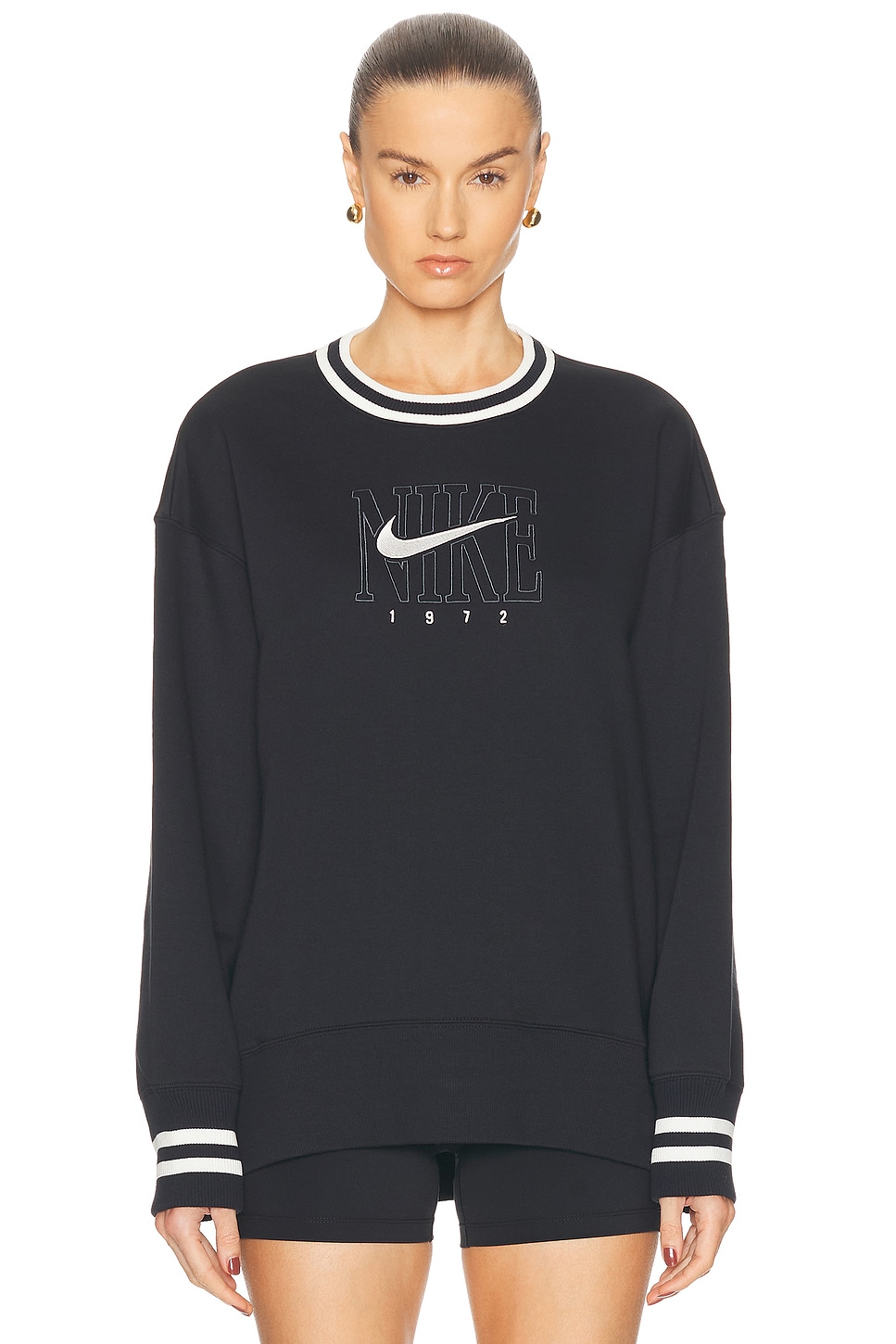 Phoenix Fleece Graphic Oversized Long Crewneck Sweatshirt in Black