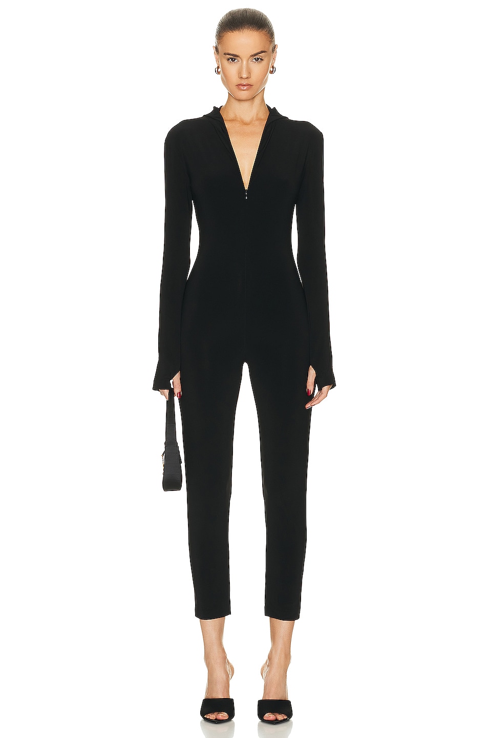 Norma Kamali Long Sleeve Turtleneck Skull Cap Catsuit in Black | FWRD