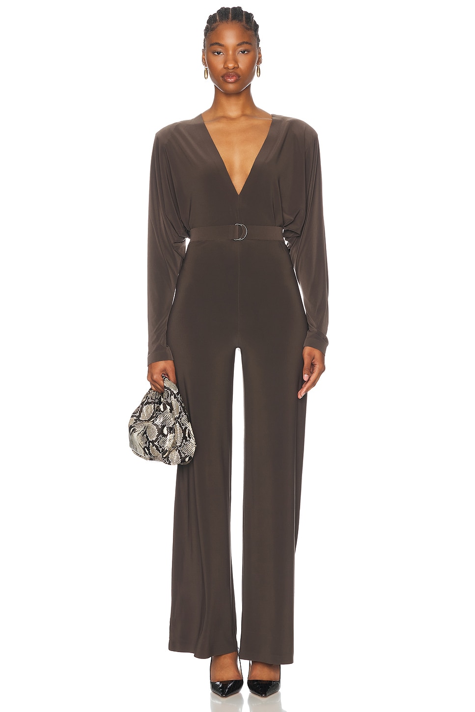 Image 1 of Norma Kamali Dolman V Neck Shoulder Pad Jumpsuit in Espresso