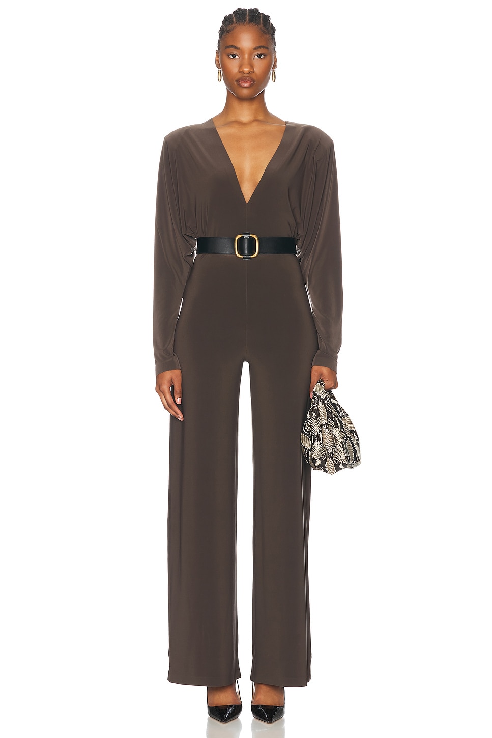 Dolman V Neck Shoulder Pad Jumpsuit - Thumbnail 4
