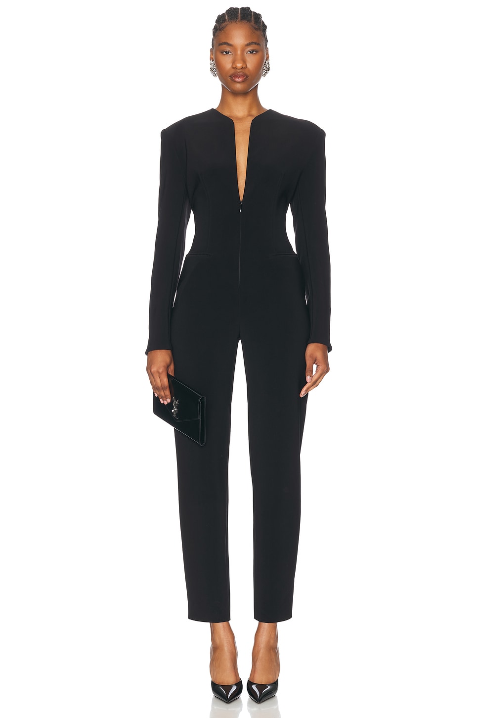 Image 1 of Norma Kamali Long Sleeve Shoulder Pad V Neck Zip Front Tapered Leg Jumpsuit in Black