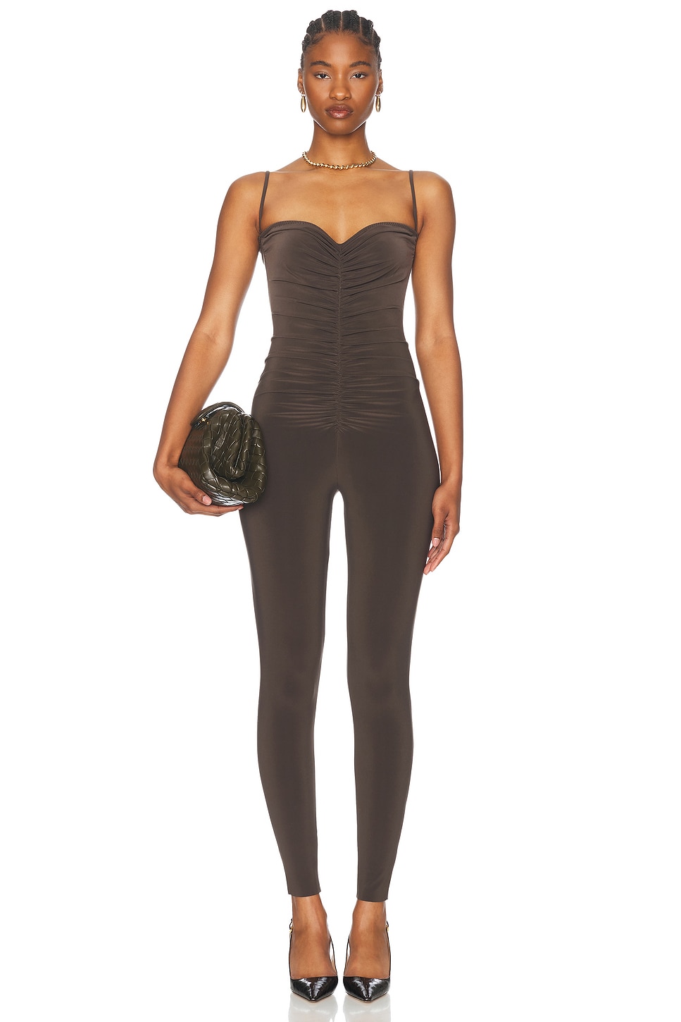 Strapless Shirred Front Catsuit in Chocolate