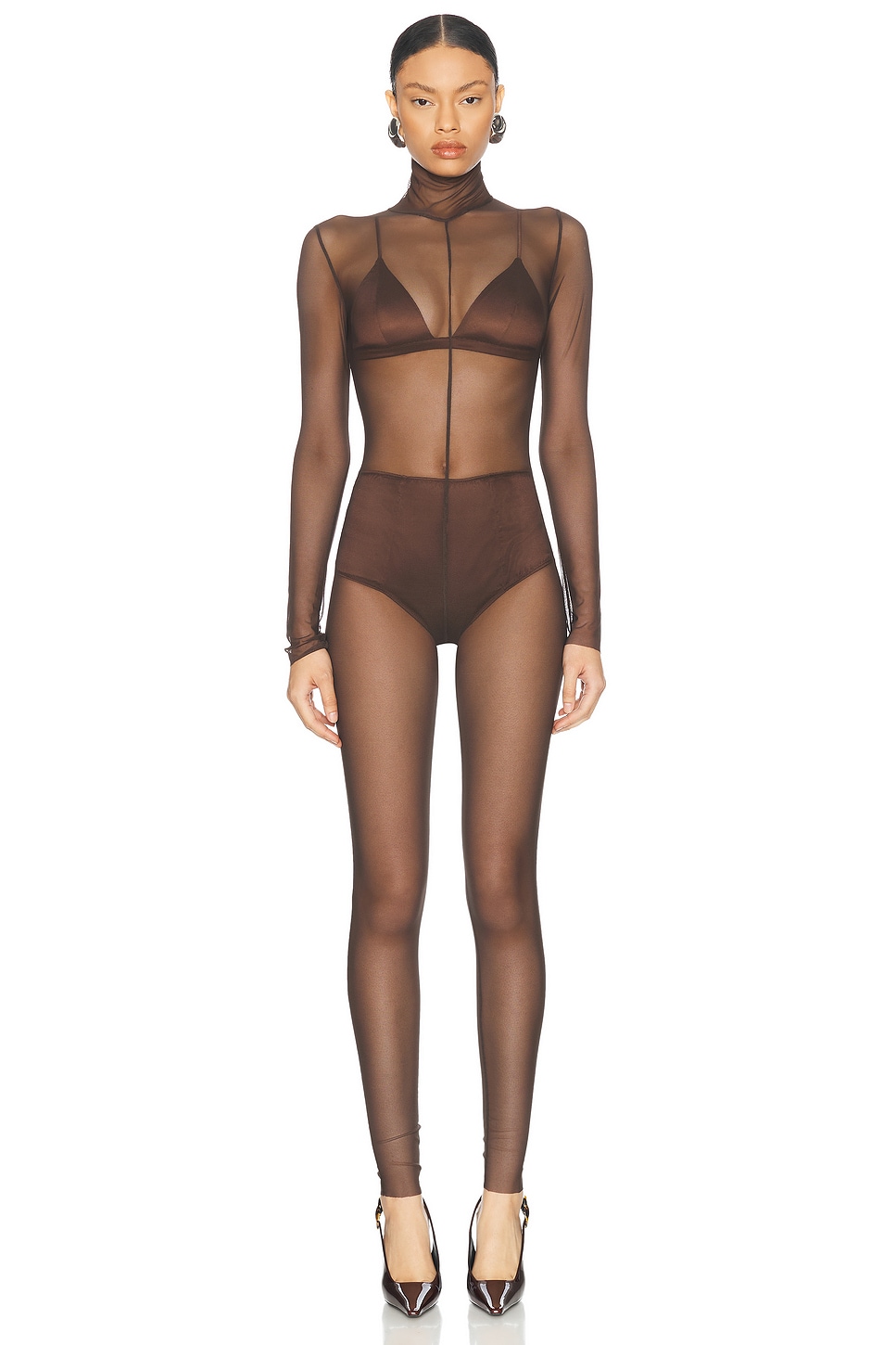 Long Sleeve Slim Fit Turtleneck Catsuit in Chocolate