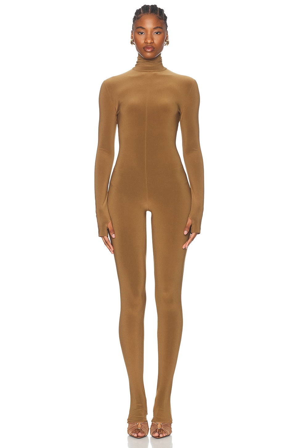 Image 1 of Norma Kamali Long Sleeve Slim Fit Turtlneck Catsuit in Bronze