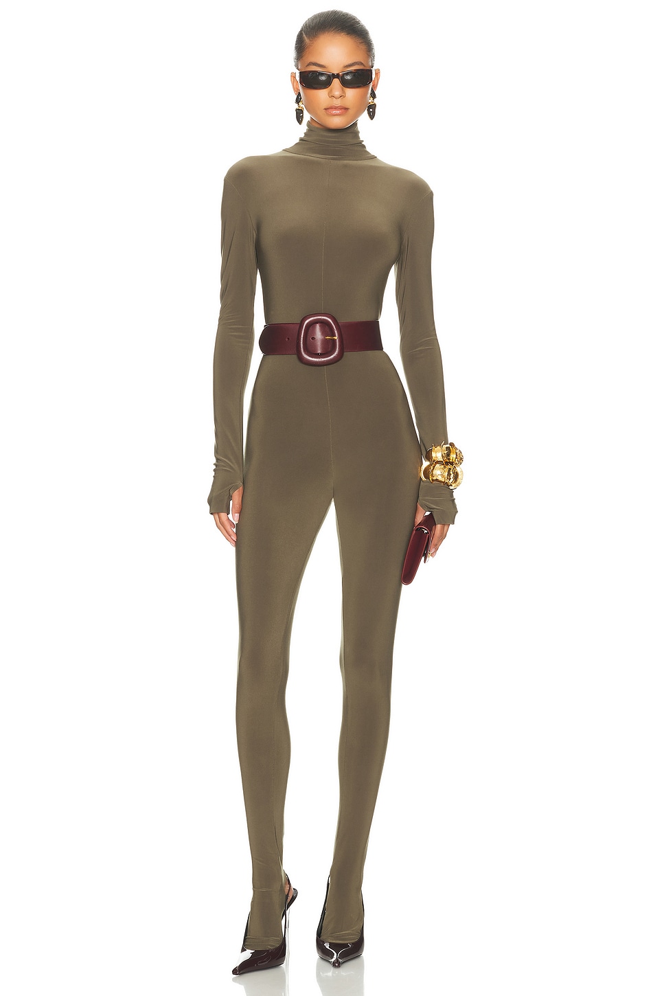 Image 1 of Norma Kamali Long Sleeve Slim Fit Turtleneck Footie Catsuit in Bark