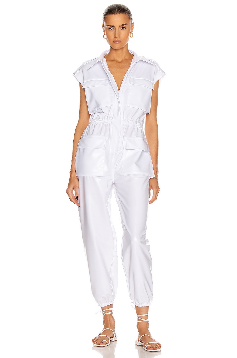 Norma Kamali Sleeveless NK Cargo Jumpsuit in White Foil | FWRD