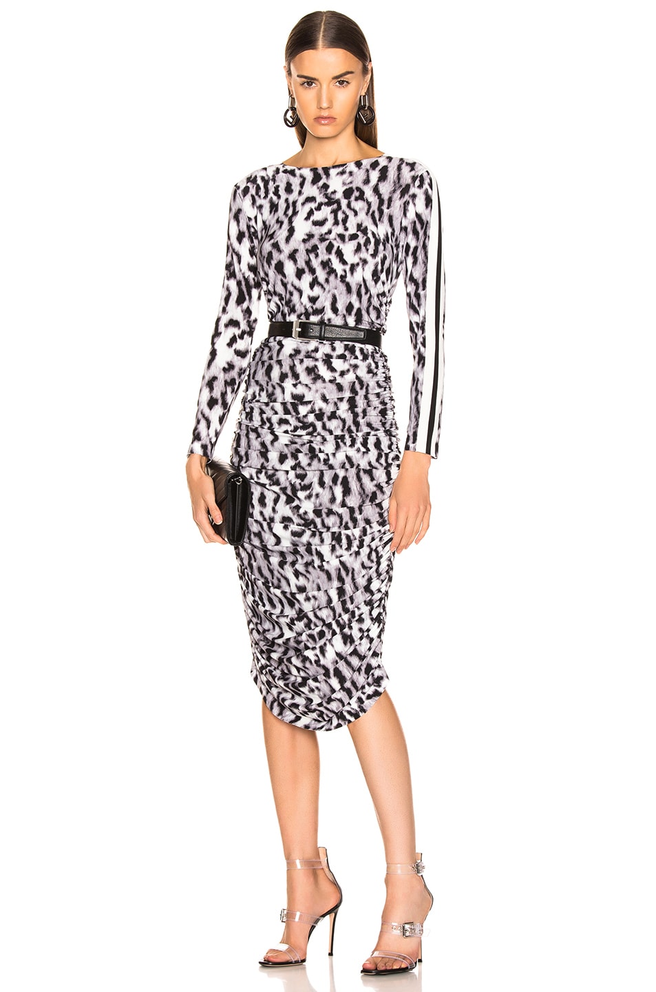 Image 1 of Norma Kamali Side Stripe Long Sleeve Shirred Dress in Abstract Leopard & Engineered Stripe