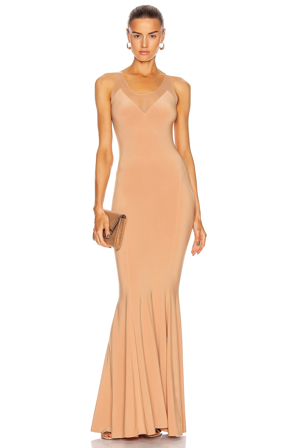 Image 1 of Norma Kamali Racer Fishtail Gown in Nude & Nude Mesh