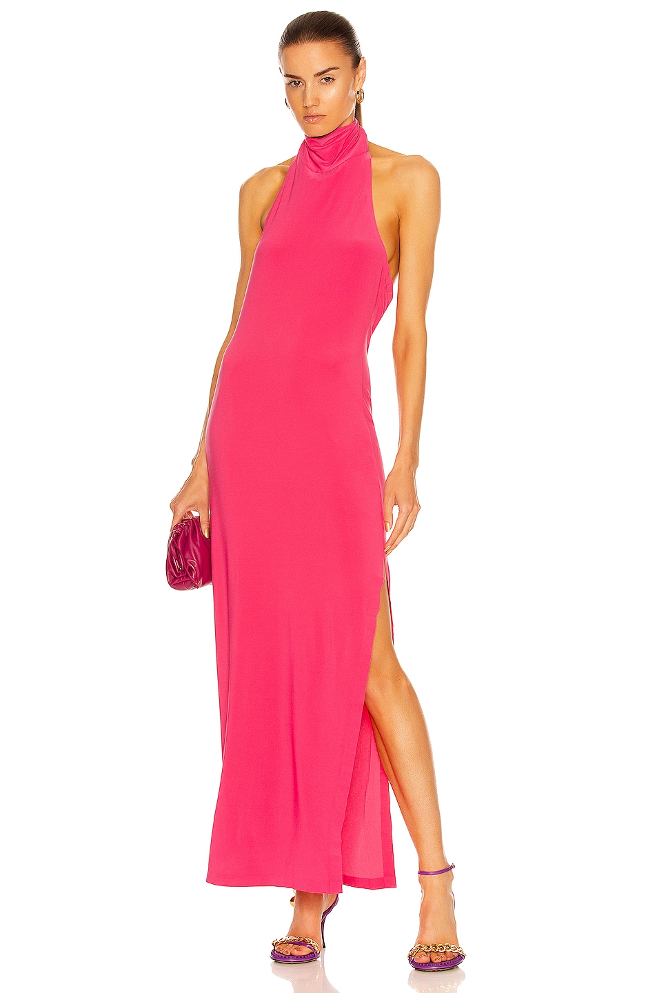 Image 1 of Norma Kamali Halter Turtleneck Side Slit Dress in Rose