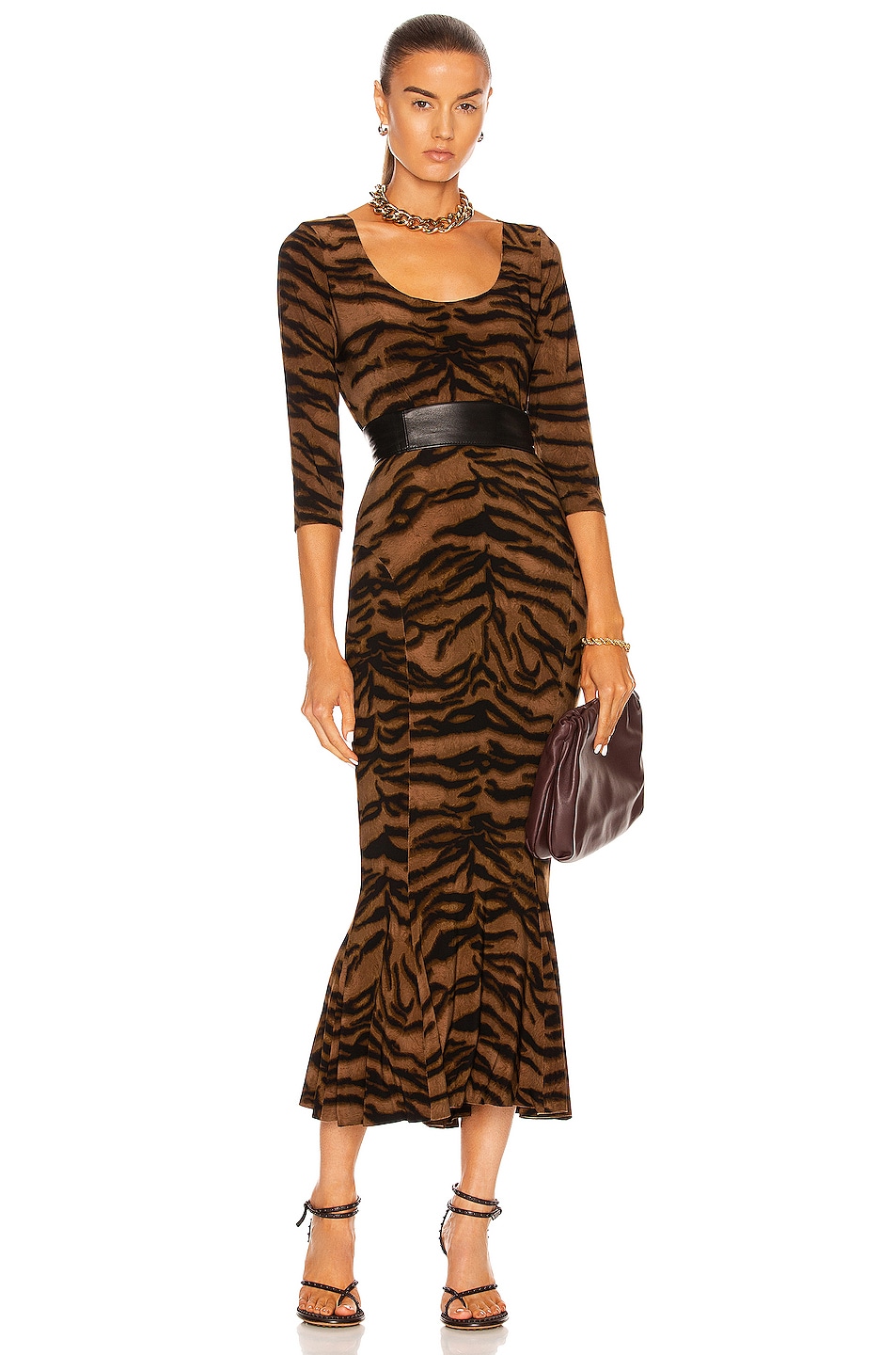 Image 1 of Norma Kamali Scoop Neck Fishtail Dress To Midcalf in Brown Tiger