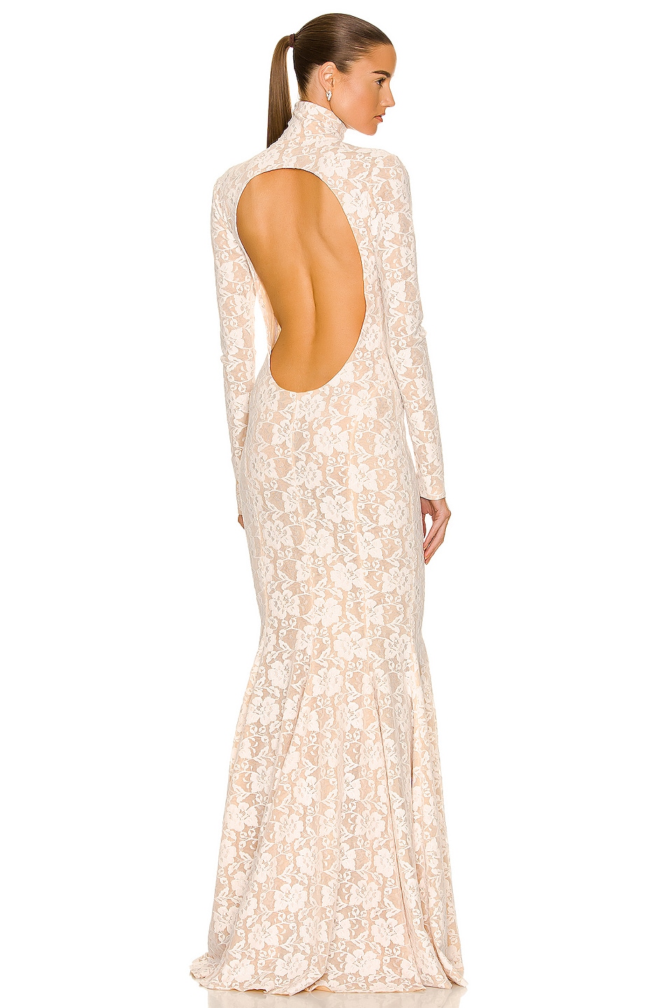 Image 1 of Norma Kamali Long Sleeve Turtleneck Open Back Fishtail Gown in Ivory, Peony, & Nude