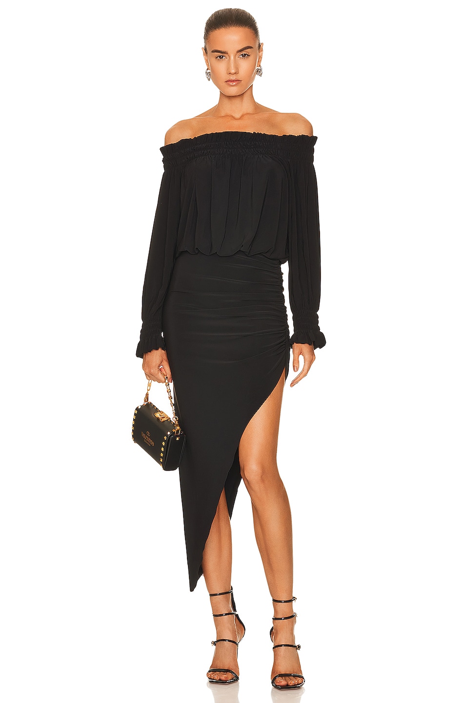 Image 1 of Norma Kamali Long Sleeve Peasant Side Drape Gown in Black