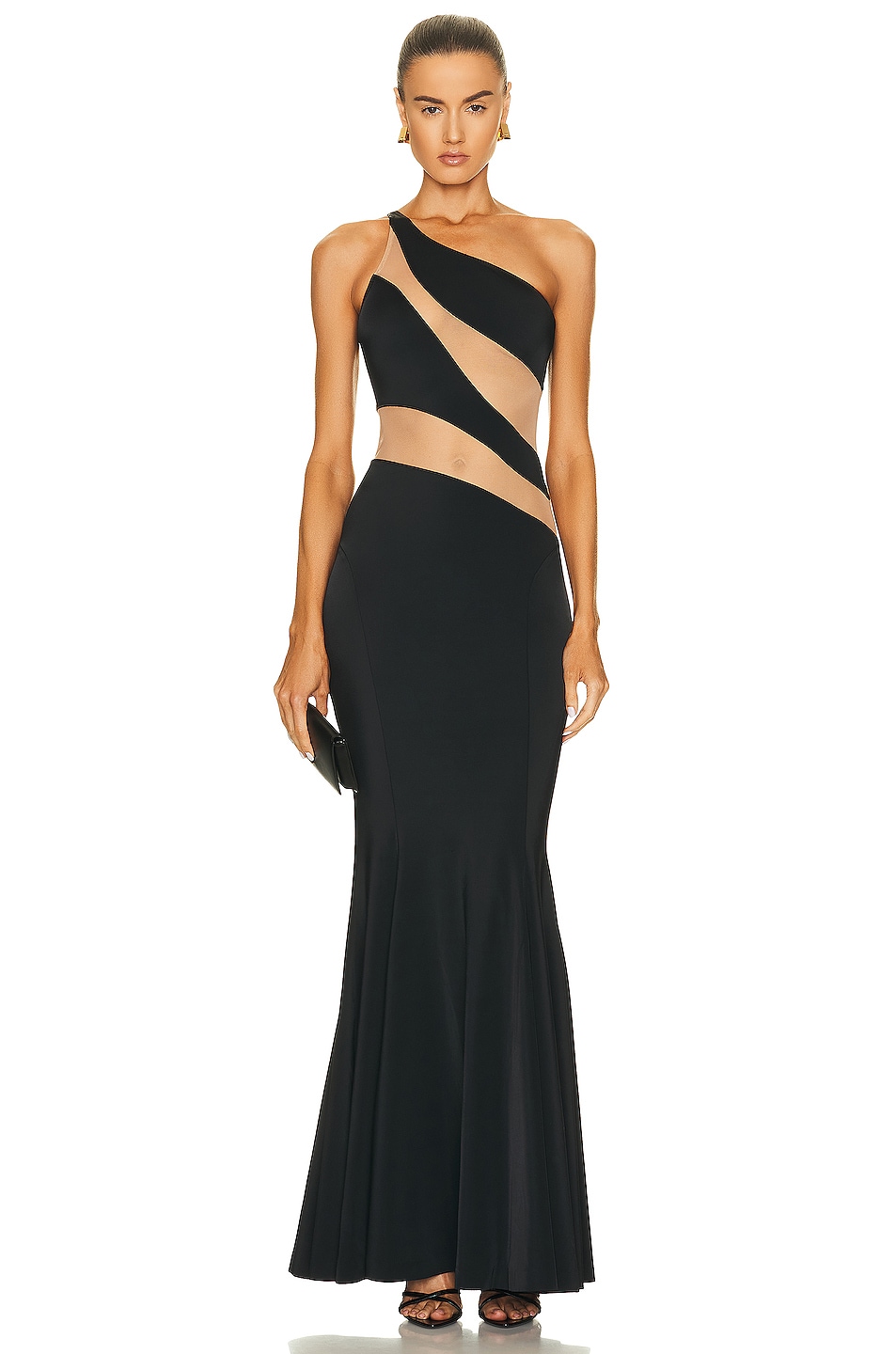 Image 1 of Norma Kamali Snake Mesh Fishtail Gown in Black & Nude Mesh